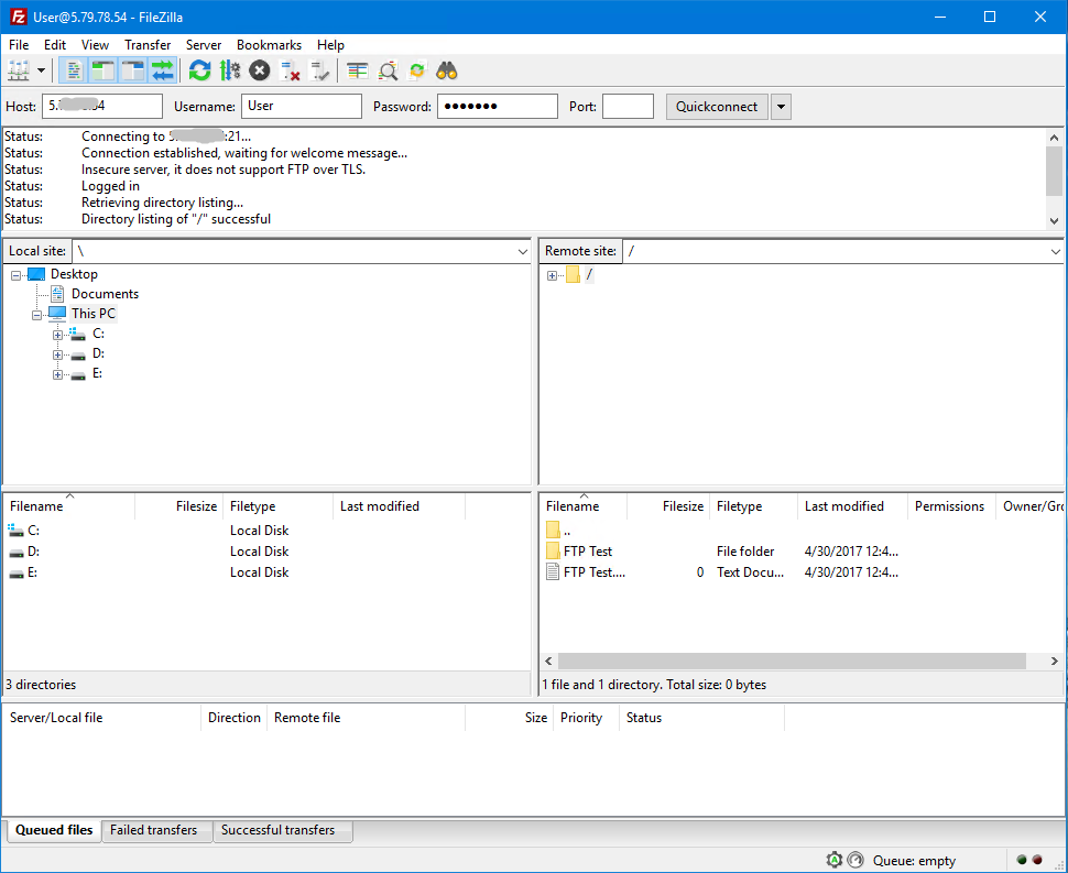 FileZilla FTP Client Logged In Welcome