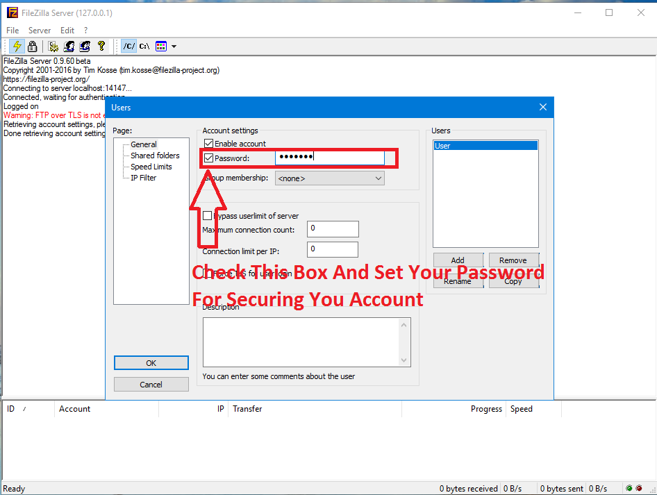 FileZilla Server Account Password Setup